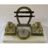 Horse racing interest - brass and alabaster ink stand consisting of jockey cap inkwells and