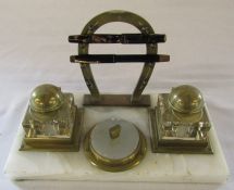 Horse racing interest - brass and alabaster ink stand consisting of jockey cap inkwells and