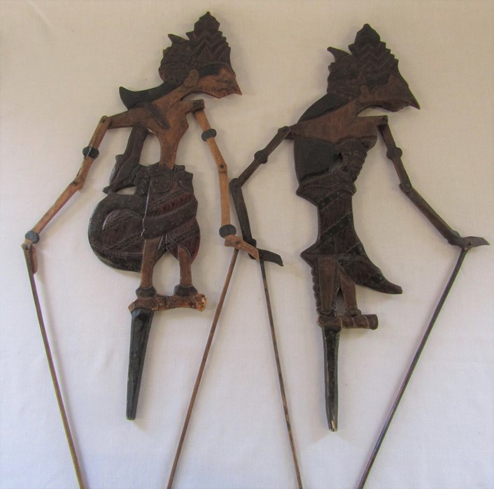 2 Asian wooden shadow puppets H 57 cm
