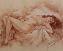 Two gilt framed red and white chalk drawings of reclining female nudes signed Yves Diey (French