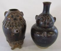 2 pottery brown glazed vases / pots decorated with a face and praying hands H26.5 cm and 23 cm