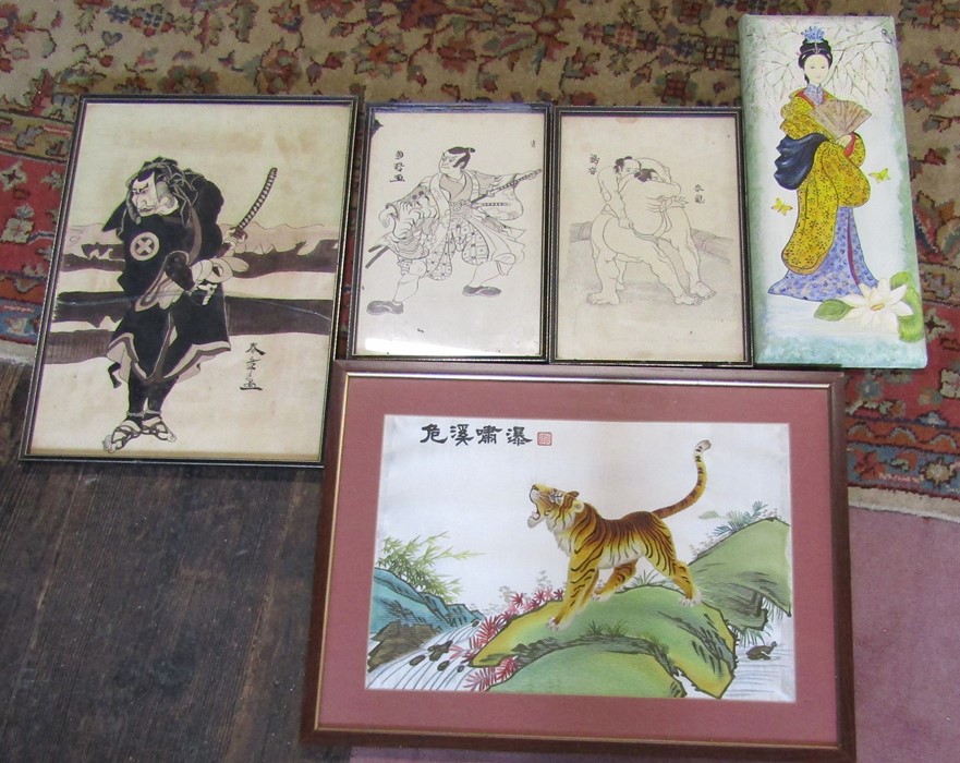 2 ceiling fans, watercolour of a parrot signed C Hunter, 3 pen & ink drawings of Samurai warriors - Image 3 of 3