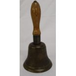 Brass school bell with oak handle, purportedly from Aby School 25cm high