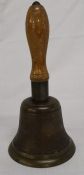 Brass school bell with oak handle, purportedly from Aby School 25cm high