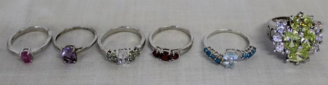 5 semi precious stone silver rings & large 925 & CZ ring