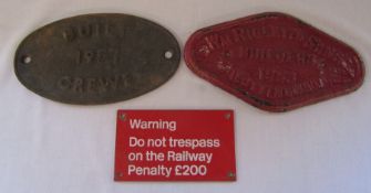 Railway interest - 3 metal signs 'warning do not trespass on the railway', built 1957 Crewe and Wm