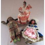 3 vintage tourist dolls - North American native Indian Skookum style doll H 19 cm, Flamenco dancer H