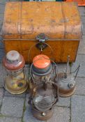 4 paraffin lamps & an old tin trunk