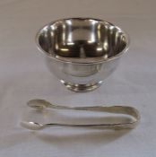 Silver bowl Chester 1933 weight 4.06 ozt H 5.5 cm D 10 cm and a pair of silver sugar tongs Sheffield