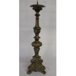 Large brass pricket candlestick on triform base 61.5 cm