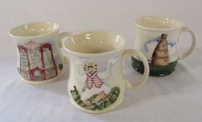 3 Moorcroft mugs - Bottle oven, Beaufort House and Thaxted Morris men H 9 cm