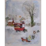 Colin Carr (1929-2002) large framed watercolour of Browns Caistor bus in the snow, signed and