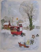Colin Carr (1929-2002) large framed watercolour of Browns Caistor bus in the snow, signed and