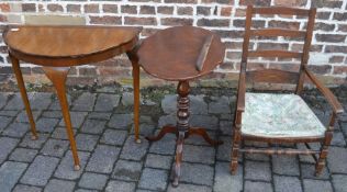 Tilt top tripod table (top to be reattached), demi-lune table & a chair