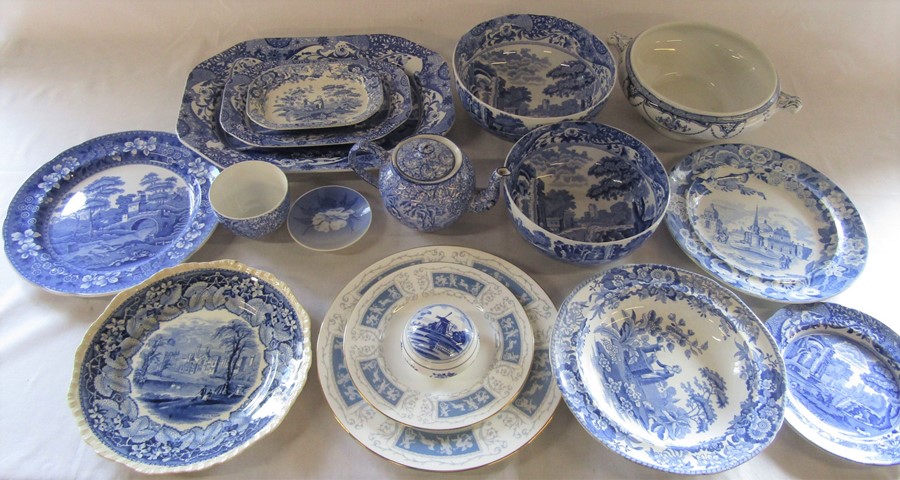 Various blue and white ceramics inc Spode Italian, Delft, Royal Copenhagen, Coalport and Masons