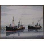 Framed watercolour of two Grimsby trawlers Reporto GY380 and Restrivo GY265 by Steve Farrow 66 cm