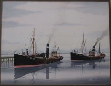 Framed watercolour of two Grimsby trawlers Reporto GY380 and Restrivo GY265 by Steve Farrow 66 cm