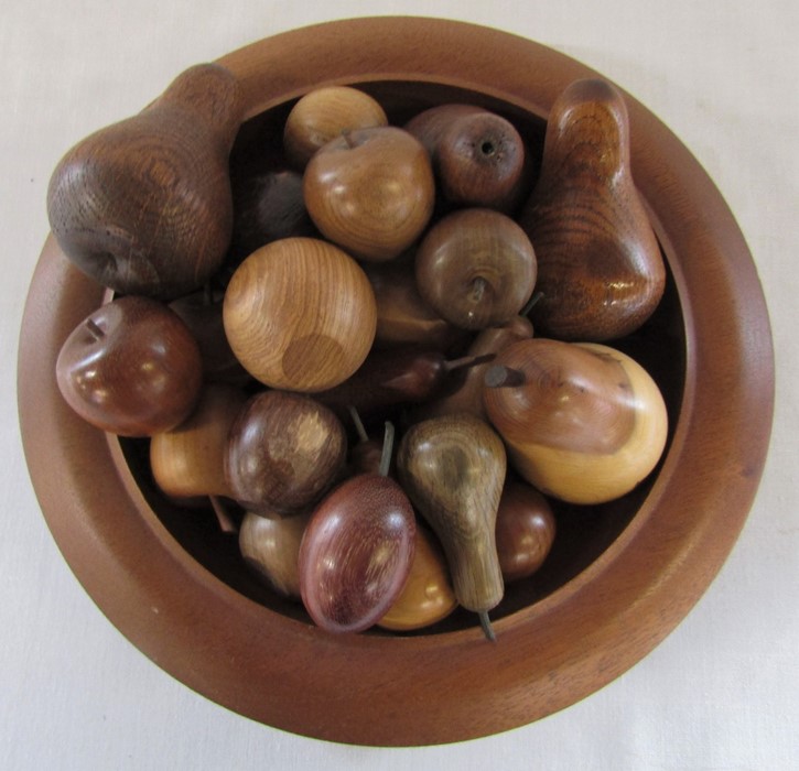 Aultbea woodcraft brazilian mahogany wooden bowl D 27 cm containing various wooden fruits - Image 2 of 5