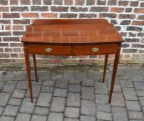 Edwardian bow front mahogany writing table with brass plate handles & shell motif to tapering L 92