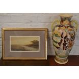 Small framed watercolour landscape by A Fisher 'The Dart' frame size 45cm by 32cm & a Satsuma vase