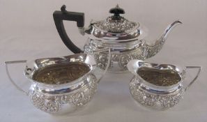 Ornate Victorian silver three piece tea set, Chester 1901 and Birmingham 1901, total weight 17.85