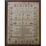 Framed early Victorian sampler 'The boat of heraldry the pomp of power...' by Sarah Bartholomew