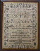 Framed early Victorian sampler 'The boat of heraldry the pomp of power...' by Sarah Bartholomew