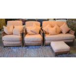 Ercol bergere 2 seater sofa & 2 arm chairs with a foot stool
