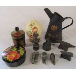 Various items inc miniature bronze Japanese vase, W B Dick & Co oil jug / canister H 24 cm, hand