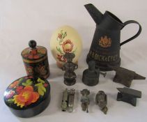 Various items inc miniature bronze Japanese vase, W B Dick & Co oil jug / canister H 24 cm, hand