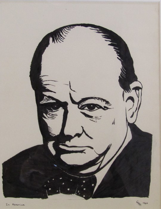 Framed pen and ink drawing of Winston Churchill 'In memoriam' initialled GHM 1965 44 cm x 50 cm (