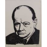 Framed pen and ink drawing of Winston Churchill 'In memoriam' initialled GHM 1965 44 cm x 50 cm (