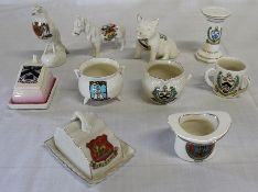 10 pieces of crested china including Grimsby cheese dish, tyg & column, Shetland pony, Ilkley top
