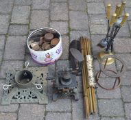2 sets of stair rods, early 20th century telephone (incomplete), hearth tidy, cobbler's last, kettle