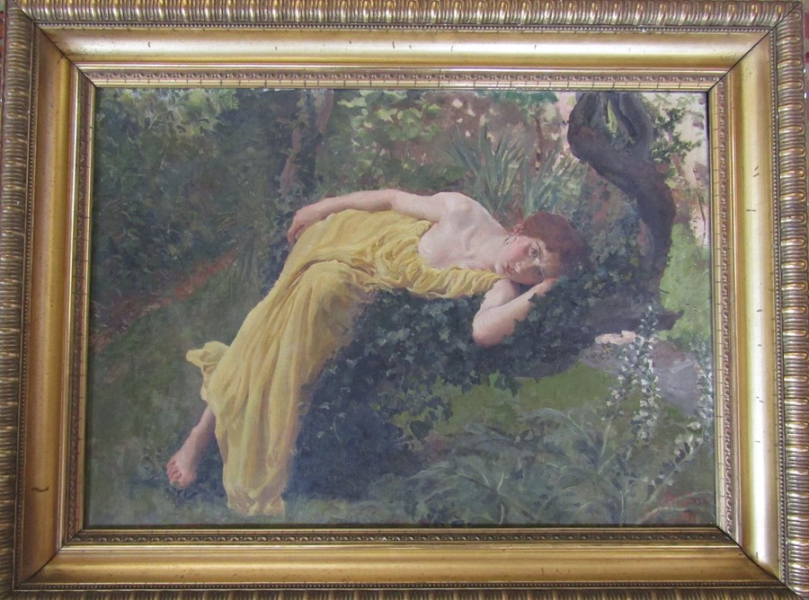 Anna A MacRory - late 19th century gilt framed oil on canvas of a young woman relaxing against a - Image 5 of 5