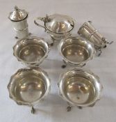 Silver condiment set consisting of 4 salts, mustard pot and 2 pepper pots (one pepper pot with no