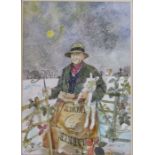 Colin Carr (1929-2002) large framed watercolour of a Lincolnshire shepherd in the snow, signed and