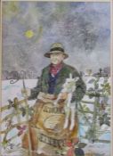Colin Carr (1929-2002) large framed watercolour of a Lincolnshire shepherd in the snow, signed and