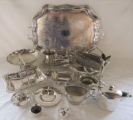 Selection of silver plate inc large tray, specimen vase, basket, teapot etc