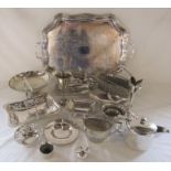 Selection of silver plate inc large tray, specimen vase, basket, teapot etc