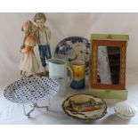 The Juliana Collection large resin figurine, folding mirror in decoupage case, Tetley cake stand,