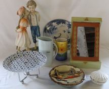 The Juliana Collection large resin figurine, folding mirror in decoupage case, Tetley cake stand,