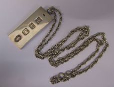 Large silver ingot pendant weight 1 ozt Birmingham 1977 with silver chain 0.36 ozt