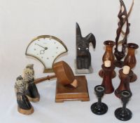 Bentima 8 day mantel clock, rosewood gavel and block, Australian redwood candlesticks, pair of