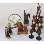 Bentima 8 day mantel clock, rosewood gavel and block, Australian redwood candlesticks, pair of