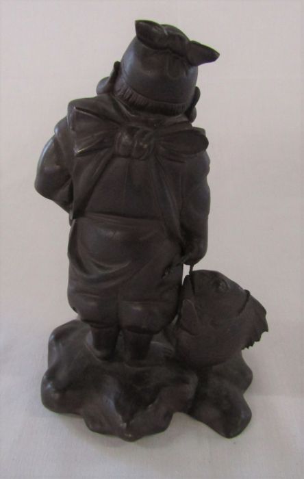 Chinese bronze figure of a man with a fish, signature back right leg H 22 cm - Image 2 of 3