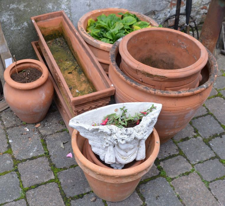 Various terracotta planters & a wall pocket