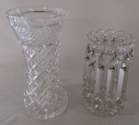 Cut glass vase H 31 cm and a glass lustre H 25 cm (both af)