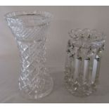 Cut glass vase H 31 cm and a glass lustre H 25 cm (both af)