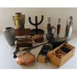 Brass twin handled vase, oak candlesticks, dominoes, chess set, copper flask, lacquered box,